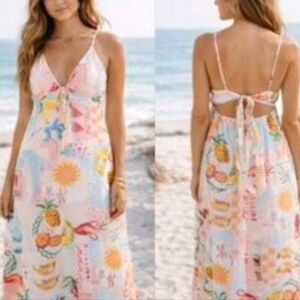 Paper heart Summer Tie-Back Maxi Dress in Pastel Tropical Print size L NWTS
